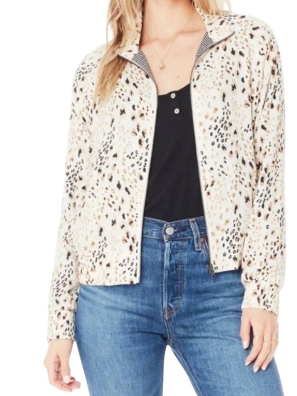 Saltwater Luxe Marina Bomber Jacket Medium Zip Front Animal Print Cozy Outerwear